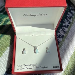 opal and white sapphire sterling silver necklace and earring set